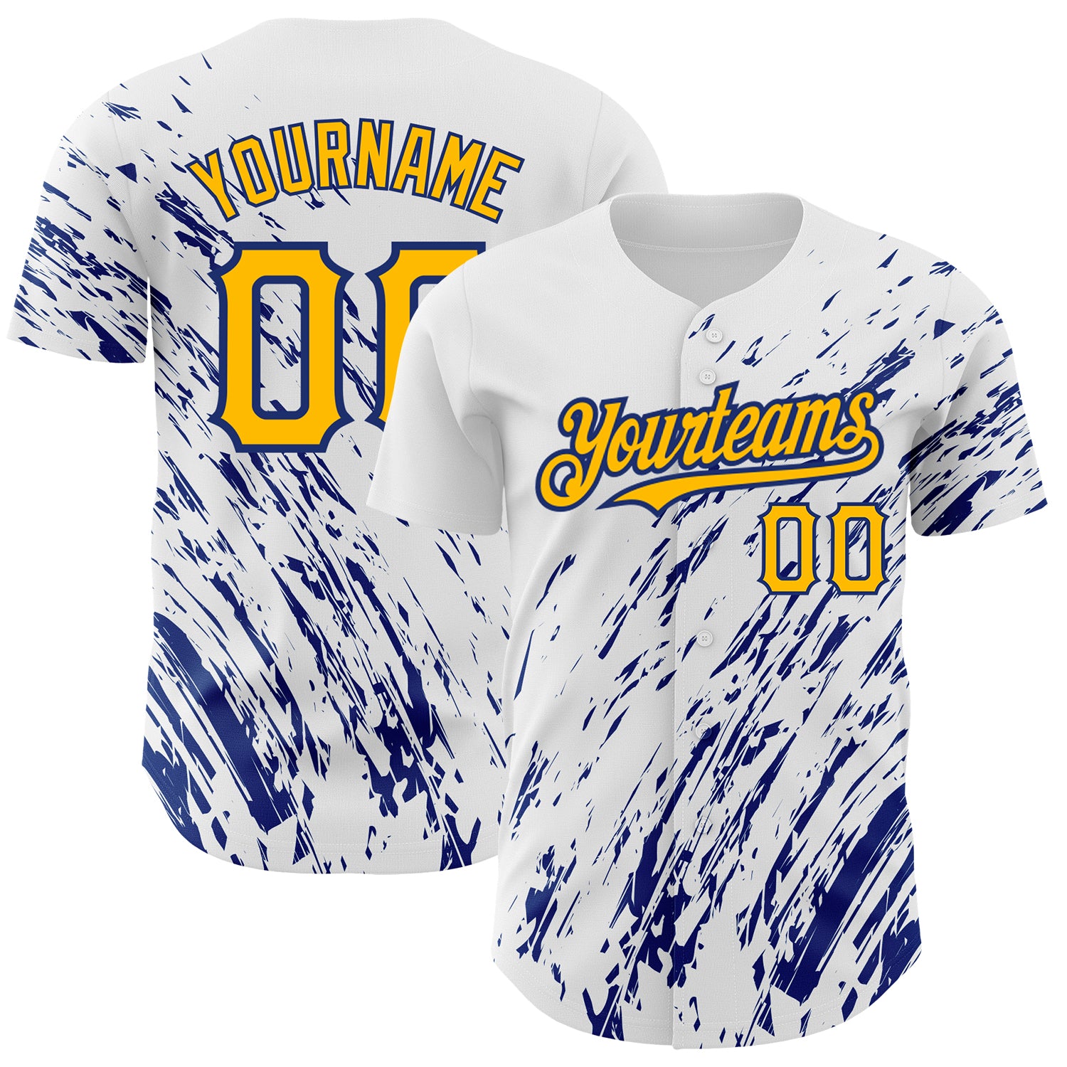 Personalized White Gold Royal 3D Pattern Abstract Baseball Jersey with Custom Name and Number Authentic Team Gear Personalized