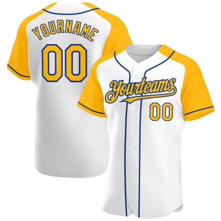 Custom Name and Number Baseball Jersey | Personalized White Gold-Royal Raglan Sleeves Team Apparel Personalized White Gold-Royal