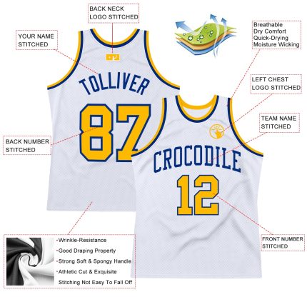 Personalized White Gold Authentic Basketball Jersey - Royal Throwback Design Personalized White Gold-Royal Authentic Throwback