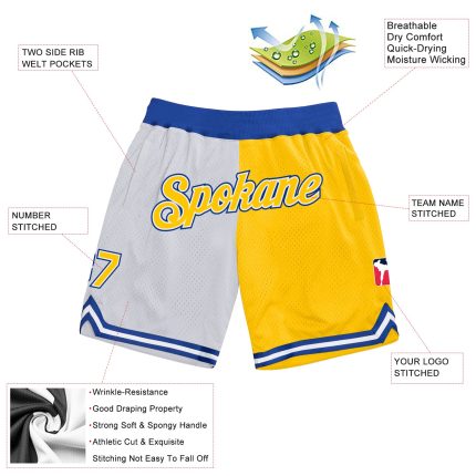Custom Name & Number White Gold Basketball Shorts - Royal Authentic Throwback Split Design Personalized White Gold-Royal
