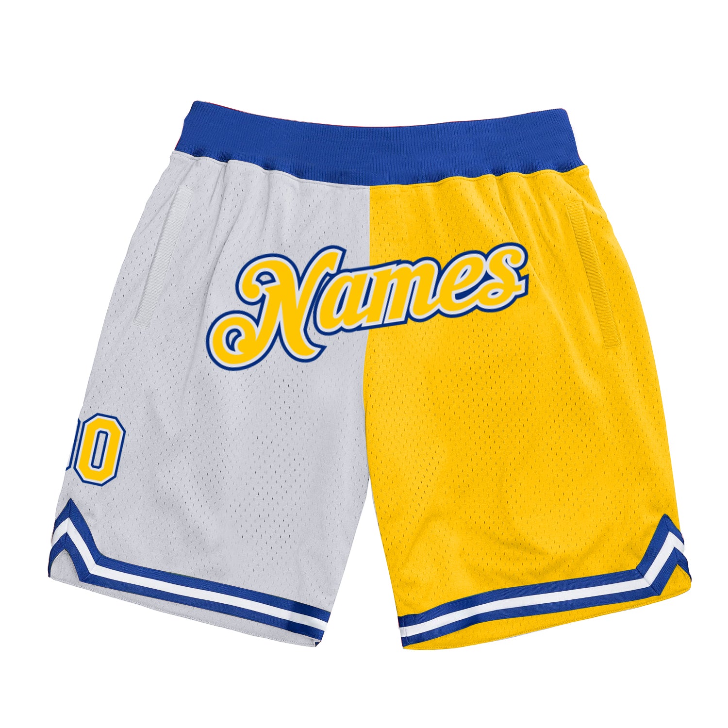 Custom Name & Number White Gold Basketball Shorts - Royal Authentic Throwback Split Design Personalized White Gold-Royal
