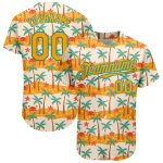 Custom White Gold Teal 3D Pattern Hawaii Palm Trees Baseball Jersey with Personalized Name and Number Personalized White