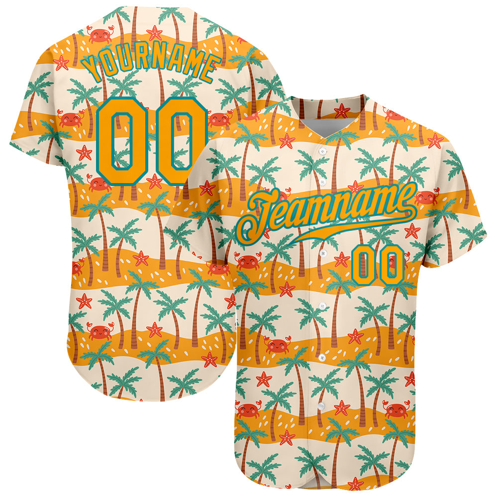 Custom White Gold Teal 3D Pattern Hawaii Palm Trees Baseball Jersey with Personalized Name and Number Personalized White