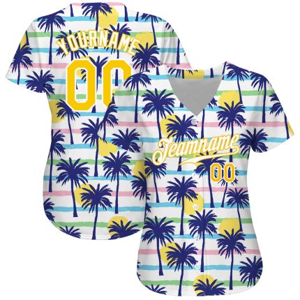 Custom Name and Number Hawaii Palm Trees 3D Pattern White Gold Baseball Jersey - Personalized Team Apparel Personalized White
