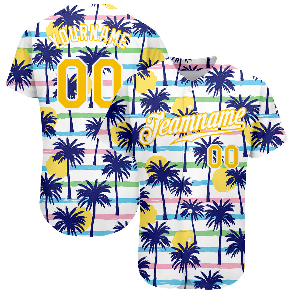 Custom Name and Number Hawaii Palm Trees 3D Pattern White Gold Baseball Jersey - Personalized Team Apparel Personalized White
