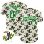 Custom Name Number Baseball Jersey with 3D Toucan Design & Tropical Palm Leaves - Personalized White Green Team Apparel Personalized