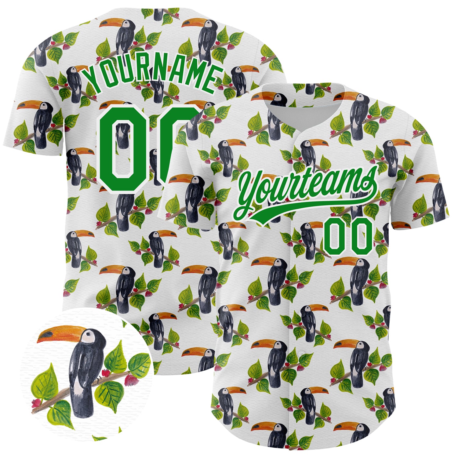 Custom Name Number Baseball Jersey with 3D Toucan Design & Tropical Palm Leaves - Personalized White Green Team Apparel Personalized