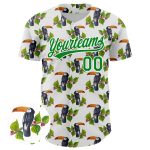 Custom Name Number Baseball Jersey with 3D Toucan Design & Tropical Palm Leaves - Personalized White Green Team Apparel Personalized