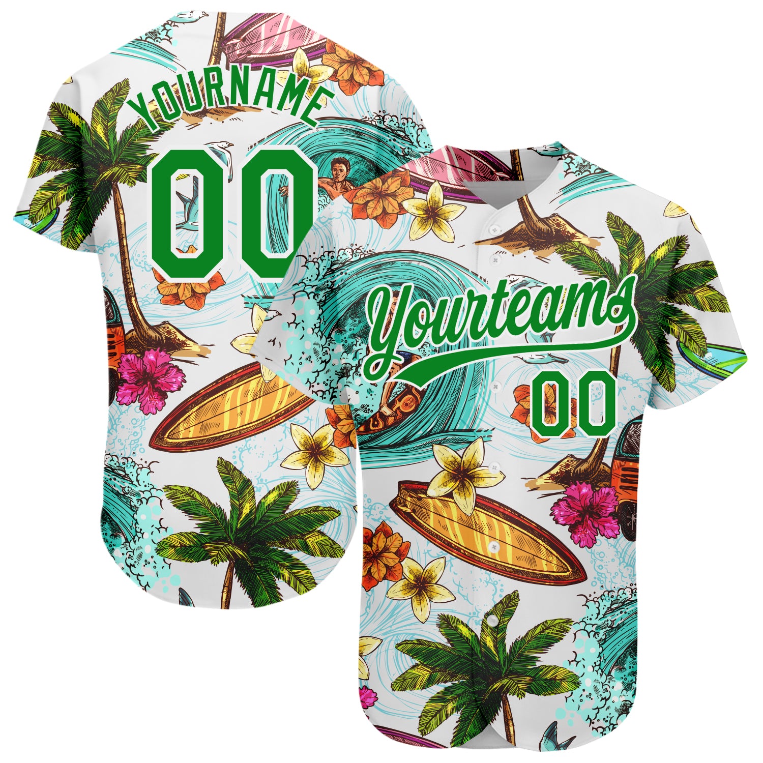Personalized Hawaii Surfing Baseball Jersey with 3D Beach Palm Trees Design, Custom Name and Number Personalized White Grass