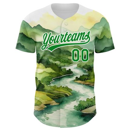 Personalized 3D Pattern Mountains Landscape Baseball Jersey - White Grass Design Personalized White Grass Green 3D Pattern