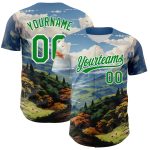 Custom Name and Number Baseball Jersey with 3D Mountains Landscape Design in White and Green Pattern Personalized White Grass