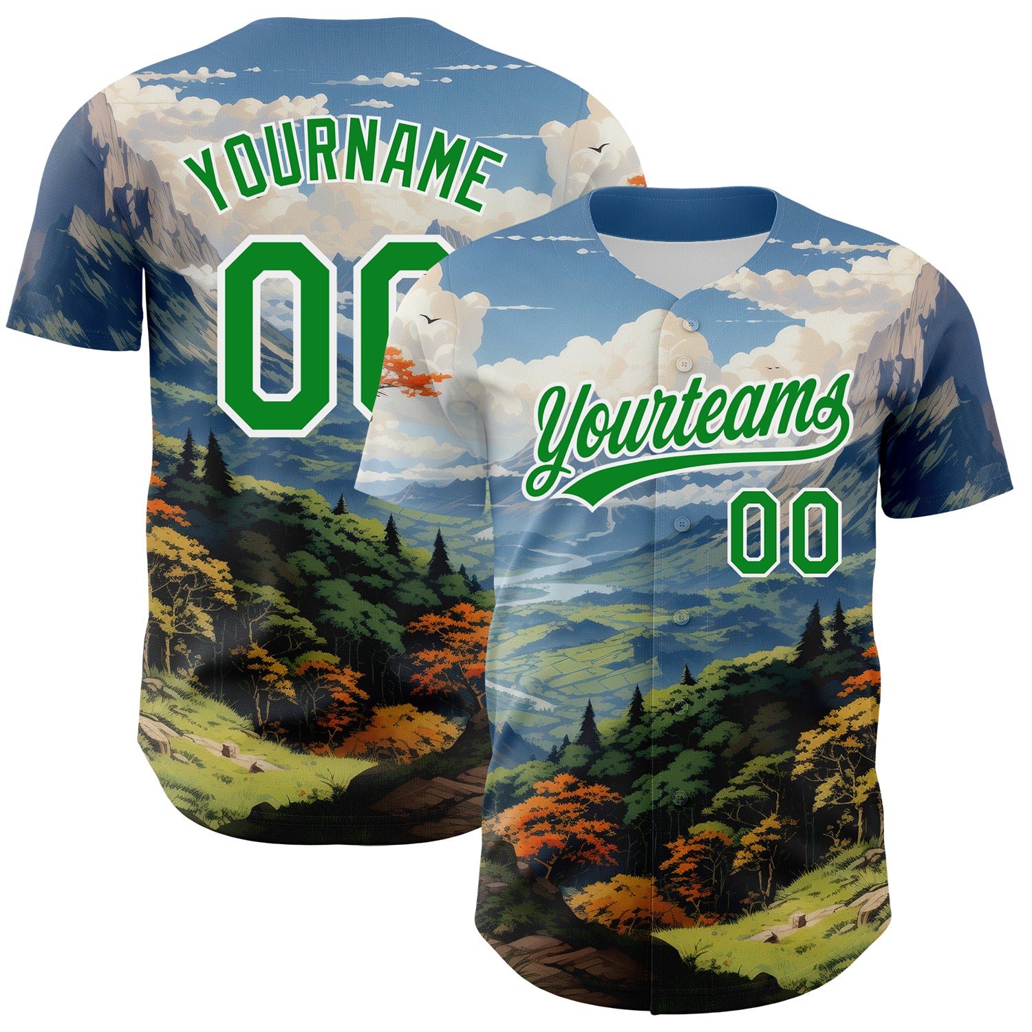 Custom Name and Number Baseball Jersey with 3D Mountains Landscape Design in White and Green Pattern Personalized White Grass