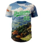 Custom Name and Number Baseball Jersey with 3D Mountains Landscape Design in White and Green Pattern Personalized White Grass