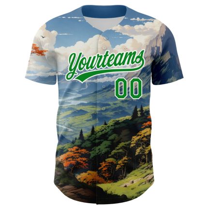 Custom Name and Number Baseball Jersey with 3D Mountains Landscape Design in White and Green Pattern Personalized White Grass