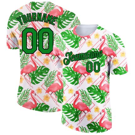 Personalized Tropical Hawaii Flamingo Performance T-Shirt with Custom Name and Number - White Grass Green-Black 3D Pattern Design