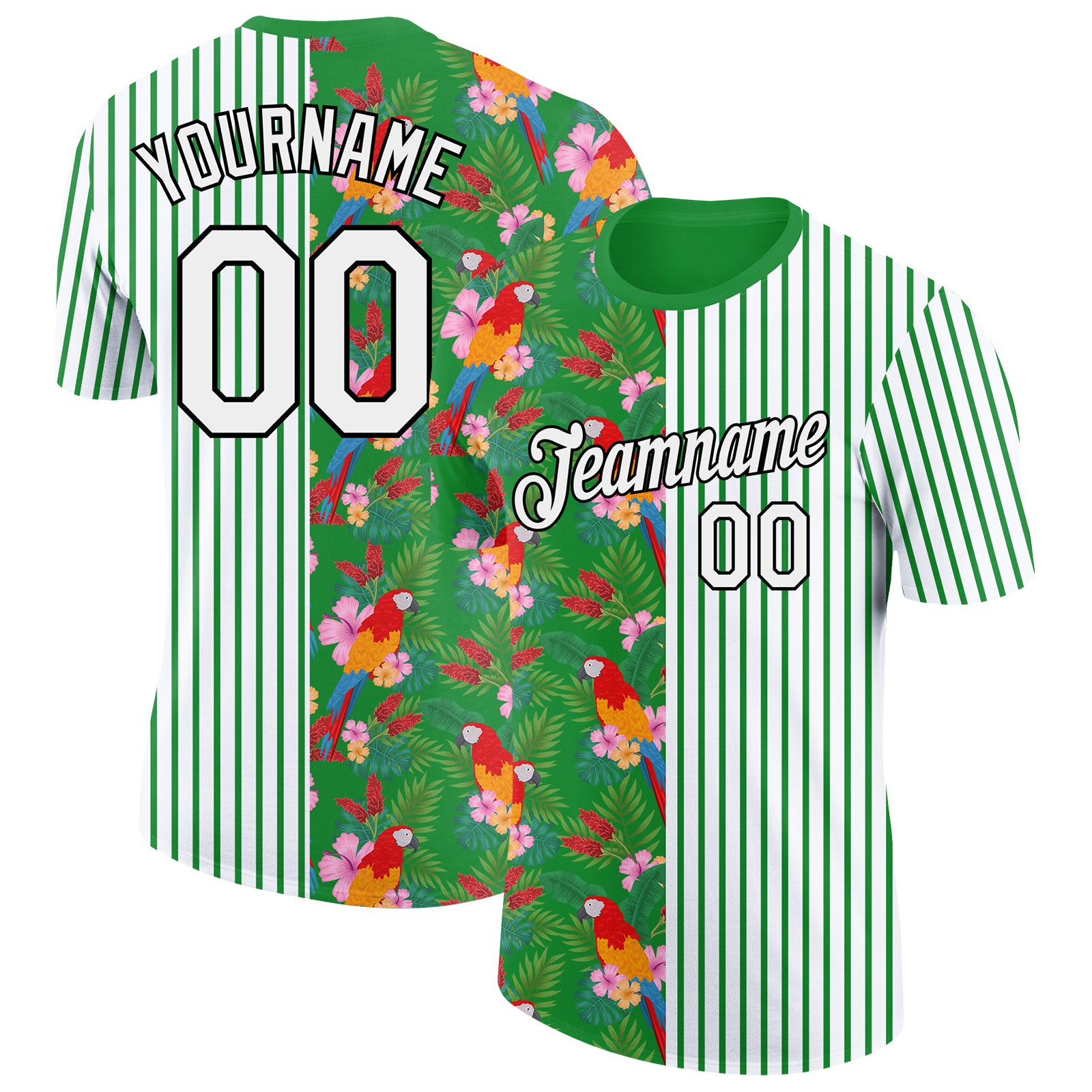Custom Name and Number Tropical Hawaii Leaves Parrot Performance T-Shirt - Personalized 3D Green-Black Design Personalized