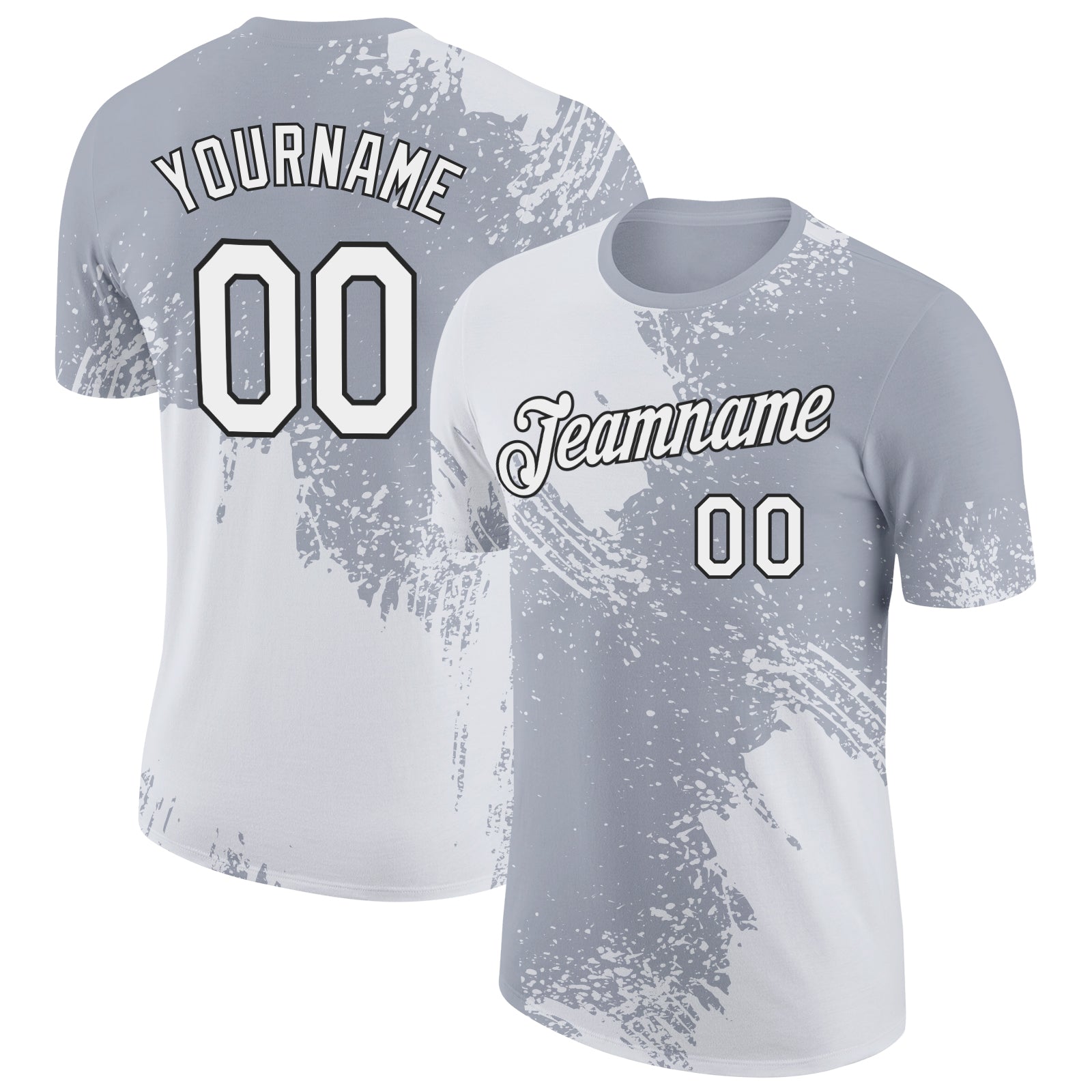 Custom Name and Number Performance T-Shirt - Personalized 3D Abstract Brush Stroke Design in White and Gray Personalized
