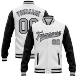 Customizable Varsity Letterman Bomber Jacket with Name and Number - Two-Tone White Gray-Black Full-Snap Design Personalized