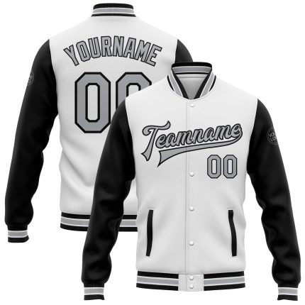 Customizable Varsity Letterman Bomber Jacket with Name and Number - Two-Tone White Gray-Black Full-Snap Design Personalized