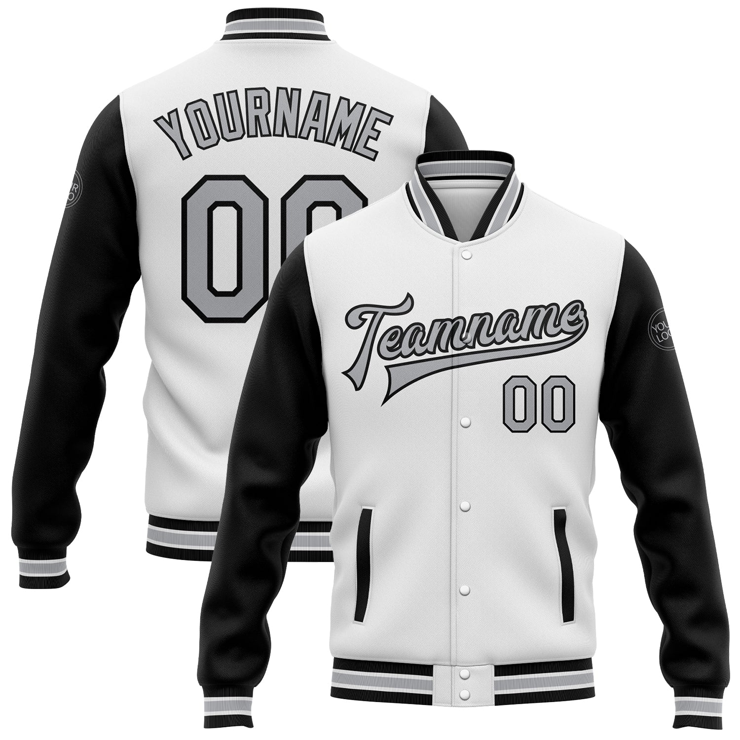 Customizable Varsity Letterman Bomber Jacket with Name and Number - Two-Tone White Gray-Black Full-Snap Design Personalized