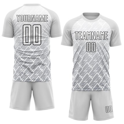 Custom Name Number Soccer Jersey - Personalized White Gray Black Lightning Sublimation Uniform Personalized White Gray-Black