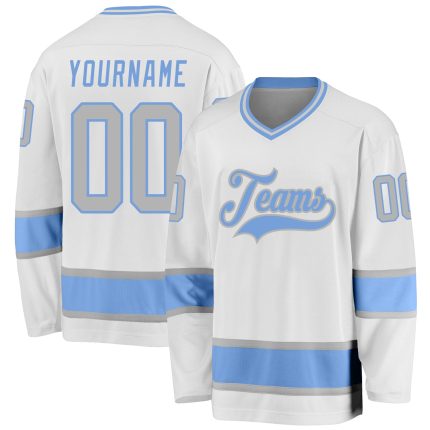 Custom Name Number Hockey Jersey Personalized White Gray Light Blue Personalized White Gray-Light Blue Hockey Jersey Team