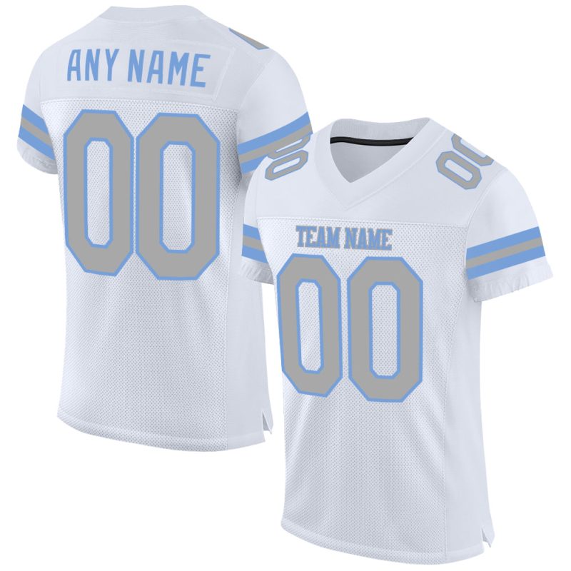 Custom Personalized Football Jersey - White Gray Light Blue Mesh with Team Name & Number Personalized White Gray-Light Blue