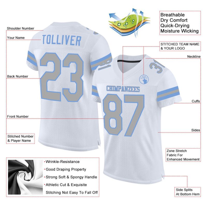 Custom Personalized Football Jersey - White Gray Light Blue Mesh with Team Name & Number Personalized White Gray-Light Blue