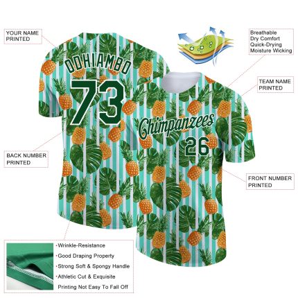 Custom Tropical Palm Leaves Pineapple Performance T-Shirt with Personalized Name & Number - White Green 3D Design Personalized