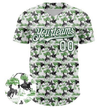 Custom Name and Number Authentic Baseball Jersey - Personalized Green and White 3D Pattern Rodeo Cowboy Design Personalized