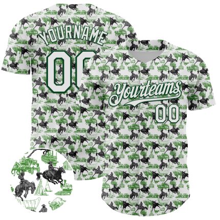 Custom Name and Number Authentic Baseball Jersey - Personalized Green and White 3D Pattern Rodeo Cowboy Design Personalized