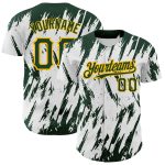 Custom Name and Number Personalized Baseball Jersey with White Green-Gold 3D Abstract Pattern Design Personalized White Green-Gold