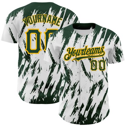 Custom Name and Number Personalized Baseball Jersey with White Green-Gold 3D Abstract Pattern Design Personalized White Green-Gold