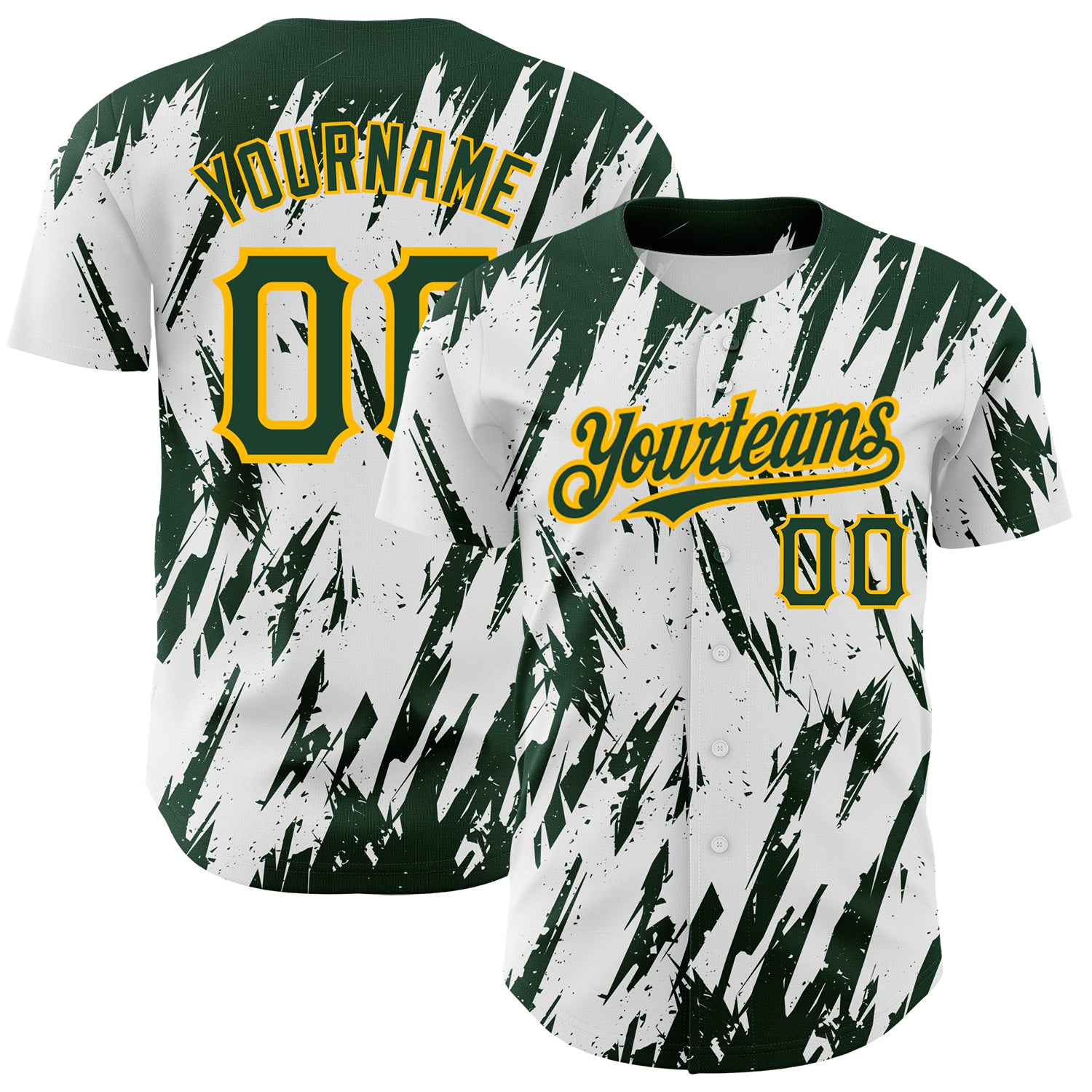 Custom Name and Number Personalized Baseball Jersey with White Green-Gold 3D Abstract Pattern Design Personalized White Green-Gold