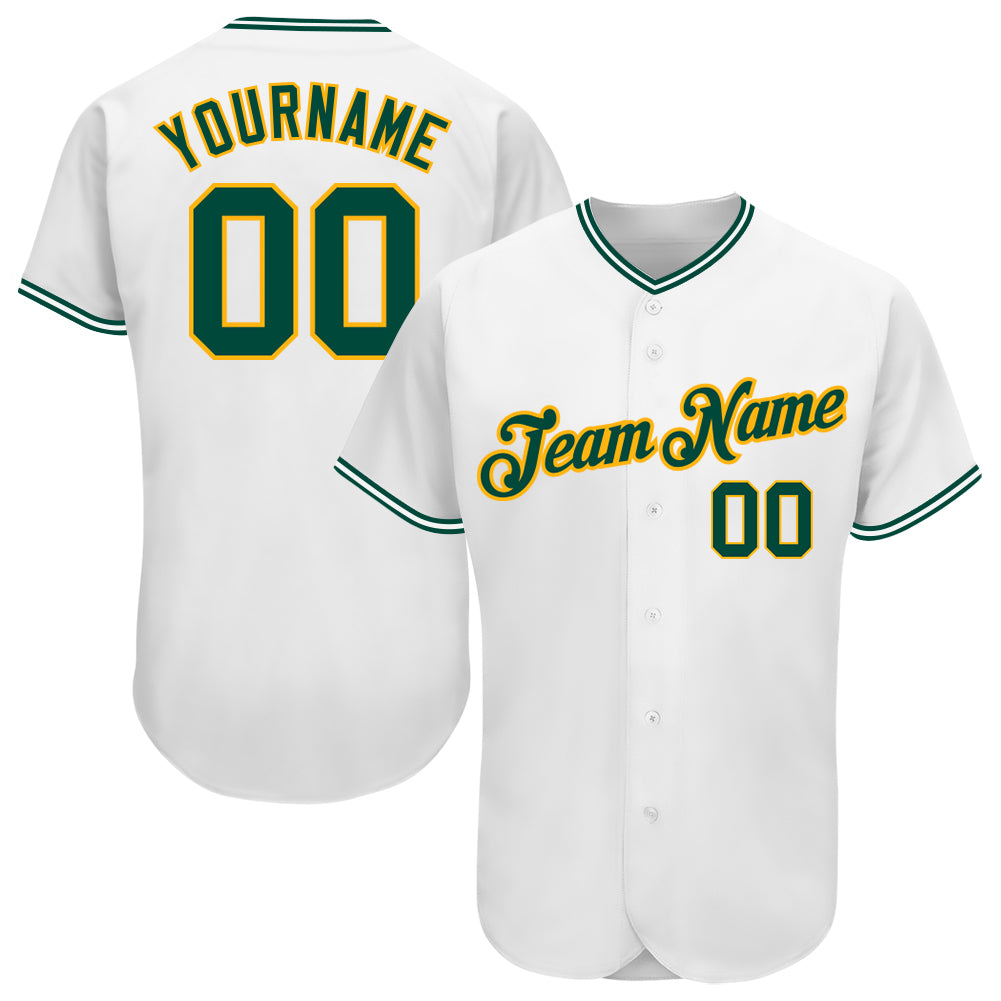 Personalized Authentic Baseball Jersey in White Green-Gold - Custom Team Shirt Personalized White Green-Gold Authentic Baseball
