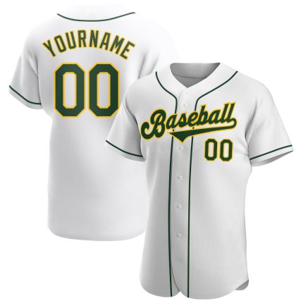 Custom Name and Number Authentic Baseball Jersey in White Green-Gold - Personalized Team Apparel Personalized White Green-Gold
