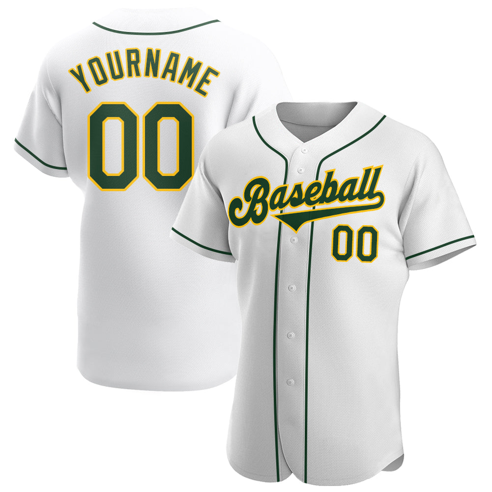 Custom Name and Number Authentic Baseball Jersey in White Green-Gold - Personalized Team Apparel Personalized White Green-Gold