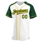 Custom Name and Number Personalized Baseball Jersey White Green Gold Raglan Sleeves Authentic Team Apparel Personalized White