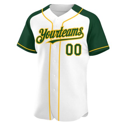 Custom Name and Number Personalized Baseball Jersey White Green Gold Raglan Sleeves Authentic Team Apparel Personalized White
