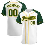 Custom Name and Number Personalized Baseball Jersey White Green Gold Raglan Sleeves Authentic Team Apparel Personalized White