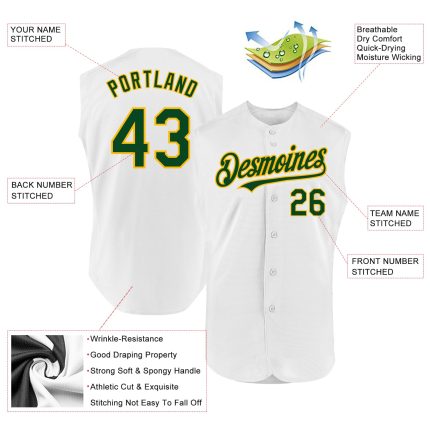 Personalized Green Gold Authentic Sleeveless Baseball Jersey for Men Personalized White Green-Gold Authentic Sleeveless Baseball