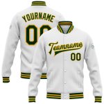 Custom Name Number Varsity Letterman Jacket White Green Gold Bomber Full-Snap Personalized Team Spirit Wear Personalized