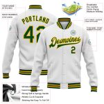 Custom Name Number Varsity Letterman Jacket White Green Gold Bomber Full-Snap Personalized Team Spirit Wear Personalized