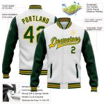 Personalized Two Tone Varsity Letterman Bomber Jacket White Green Gold Full-Snap Personalized White Green-Gold Bomber Full-Snap