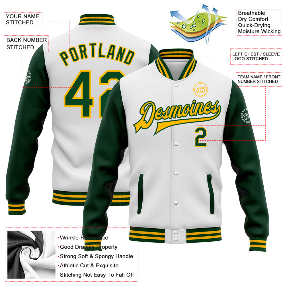 Personalized White Green-Gold Bomber Full-Snap Varsity Letterman Two Tone Jacket Personalized Two Tone Varsity Letterman Bomber Jacket White Green Gold Full-Snap Personalized White Green-Gold Bomber Full-Snap - Image 3