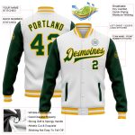 Custom Team Name Number Bomber Jacket Green Gold Two Tone Full-Snap Varsity Personalized White Personalized White Green-Gold