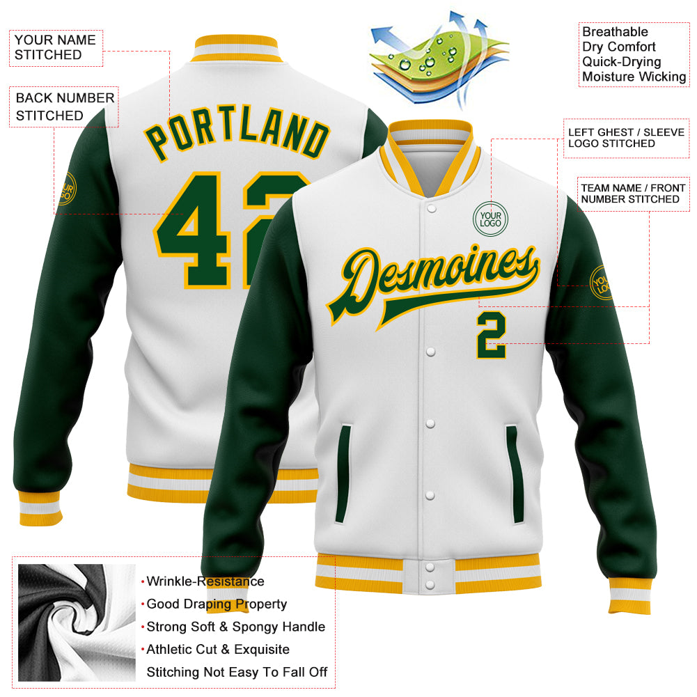 Personalized White Green-Gold Bomber Full-Snap Varsity Letterman Two Tone Jacket Team Custom Name and Number Custom Team Name Number Bomber Jacket Green Gold Two Tone Full-Snap Varsity Personalized White Personalized White Green-Gold - Image 3