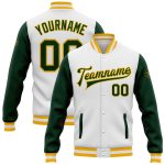 Custom Team Name Number Bomber Jacket Green Gold Two Tone Full-Snap Varsity Personalized White Personalized White Green-Gold