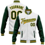 Personalized Two Tone Varsity Letterman Bomber Jacket White Green Gold Full-Snap Personalized White Green-Gold Bomber Full-Snap