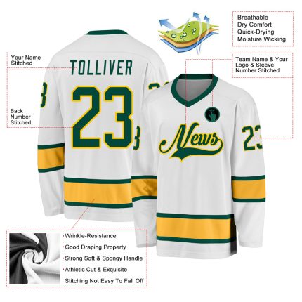 Custom Name and Number Personalized Green-Gold Hockey Jersey - White Team Jersey Personalized White Green-Gold Hockey Jersey